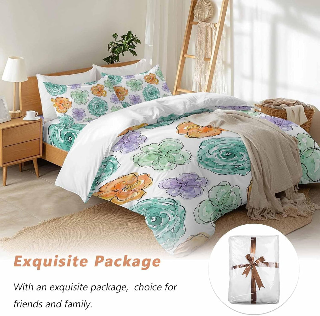 Abstraction Art Duvet Cover Set Queen Size 4 Pieces Watercolors Flowers Minimalist Lines Modern Bedding Set with Zipper Closure, 1 Comforter Cover 90x92 Inches 1 Flat Sheet & 2 Pillow Cases