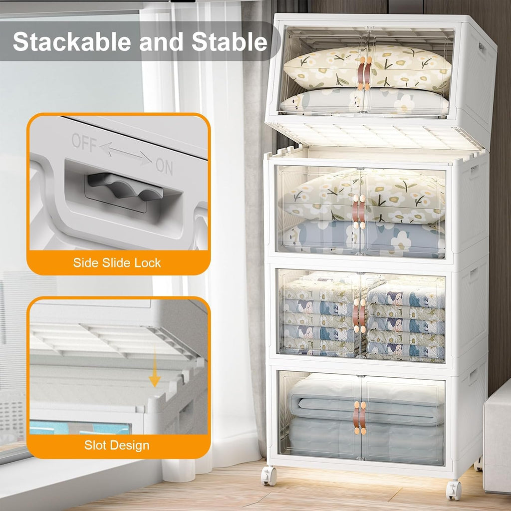 UAMFURI Stackable Storage Bins with Lids, 1400QT Closet Organizers and Storage with Doors and Wheels, Extra Large Storage Cabinet, Collapsible Plastic Drawers for Bedroom Dorm Office Garage