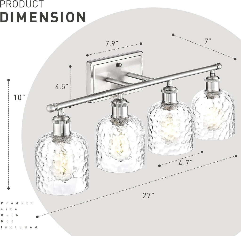 zeyu 27 Inch Bathroom Wall Light Over Mirror, 4-Light Vanity Lighting Fixture, Brushed Nickel Finish with Clear Hammered Glass, ZJF63B-4W BN