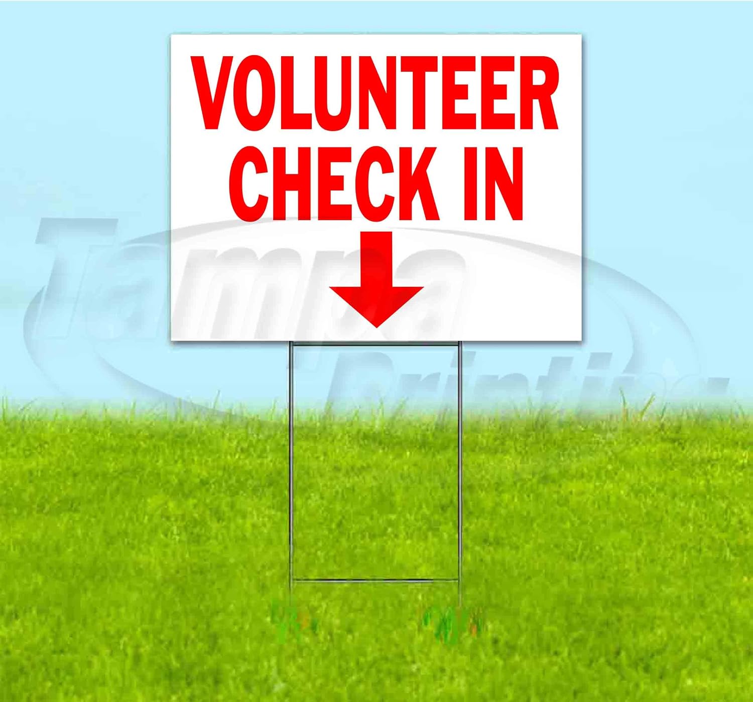 Volunteer Check in Down (18' X 24') Yard Sign, Quantity Discounts, Multi-Packs, Includes Metal Step Stake, Bandit Sign