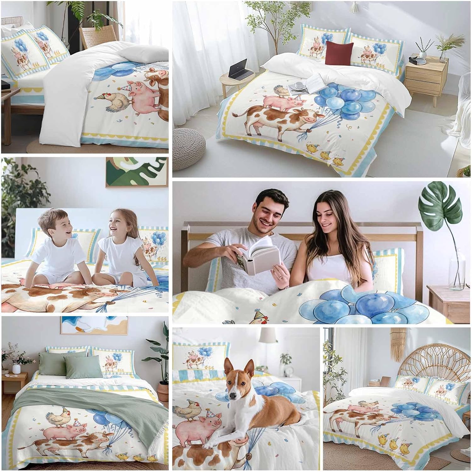Pig Cow Duvet Cover Set Queen Size 4 Pieces Hen Chicks Blue Balloons Watercolor Animal Yellow Border Striped Bedding Set with Zipper Closure,1 Comforter Cover 92x106 Inches 1 Flat Sheet&2 Pillow Cases