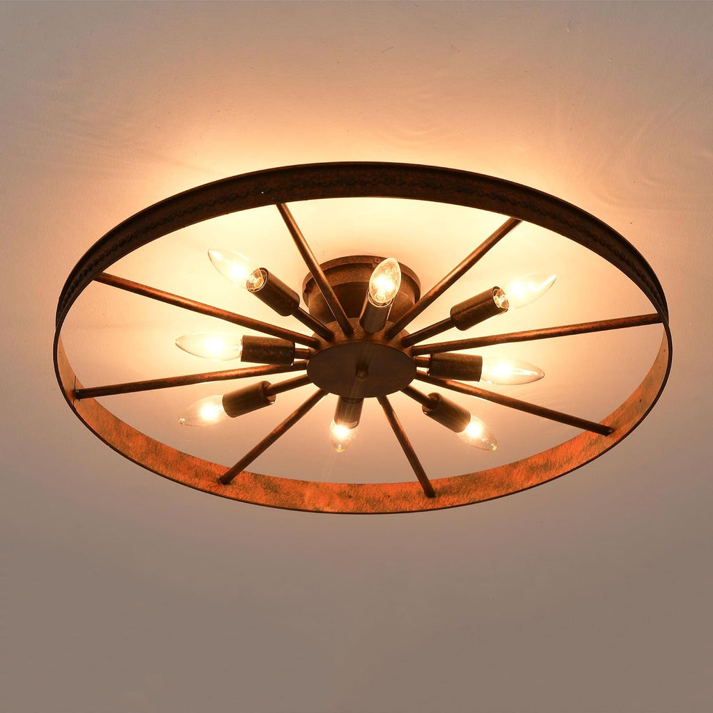 Farmhouse Ceiling Light Red Rust Metal Dining Room Flush Mount Light Fixtures, 26.8' Rustic Living Room Lighting Fixtures Ceiling, E12 Ceilings Lamp for Kitchen (8-Light)