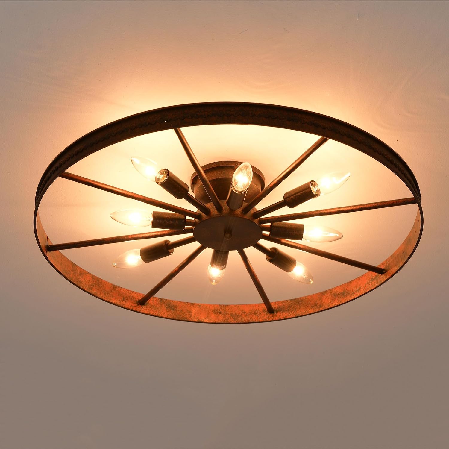 Farmhouse Ceiling Light Red Rust Metal Dining Room Flush Mount Light Fixtures, 26.8' Rustic Living Room Lighting Fixtures Ceiling, E12 Ceilings Lamp for Kitchen (8-Light)