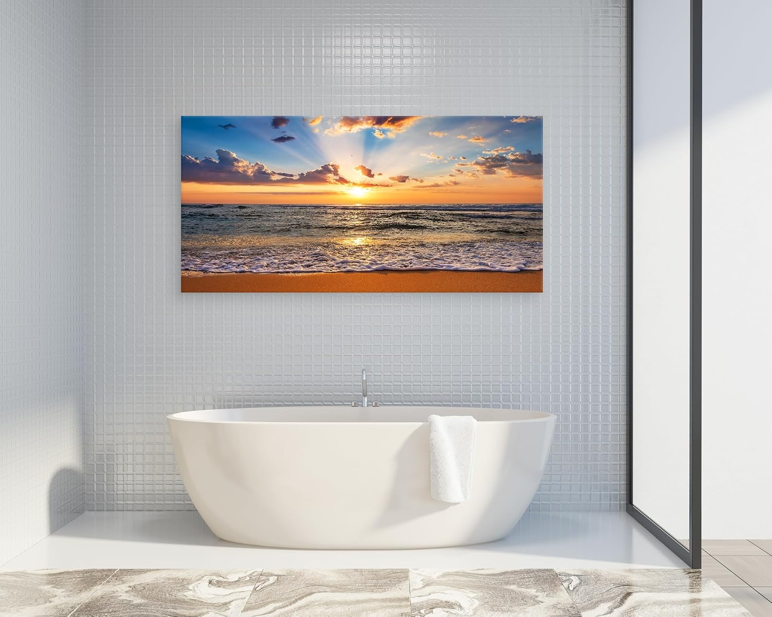 Muolunna BK1898 Wall Art Decor Large Canvas Print Picture Sunrise Ocean Beach 1 Panel Waves Scenery Painting Artwork for Office Wall Decor Home Decoration Stretched and Framed Ready to Hang