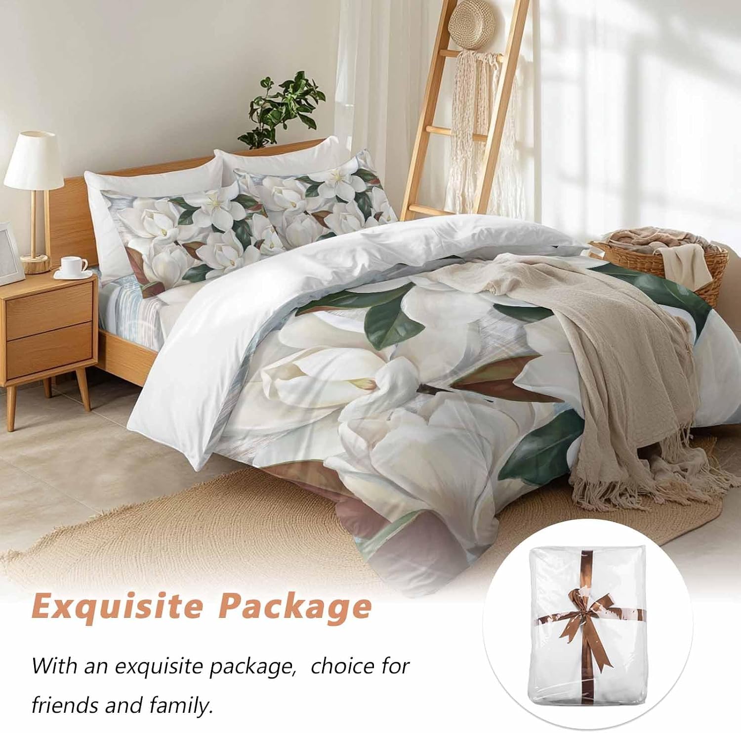 White Floral Duvet Cover Set Queen Size 4 Pieces Spring White Magnolia Vintage Plants Farmhouse Rustic Bedding Set with Zipper Closure, 1 Comforter Cover 92x106 Inches 1 Flat Sheet & 2 Pillow Cases