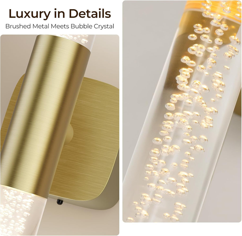 Battery Operated Wall Sconce Set of 2 Brushed Gold 12000mAh Rechargeable Wall Light with Crystal Acrylic 24' Wireless CCT Dimmable 350°Rotate Remote Wall Lamp for Bedroom Living Room