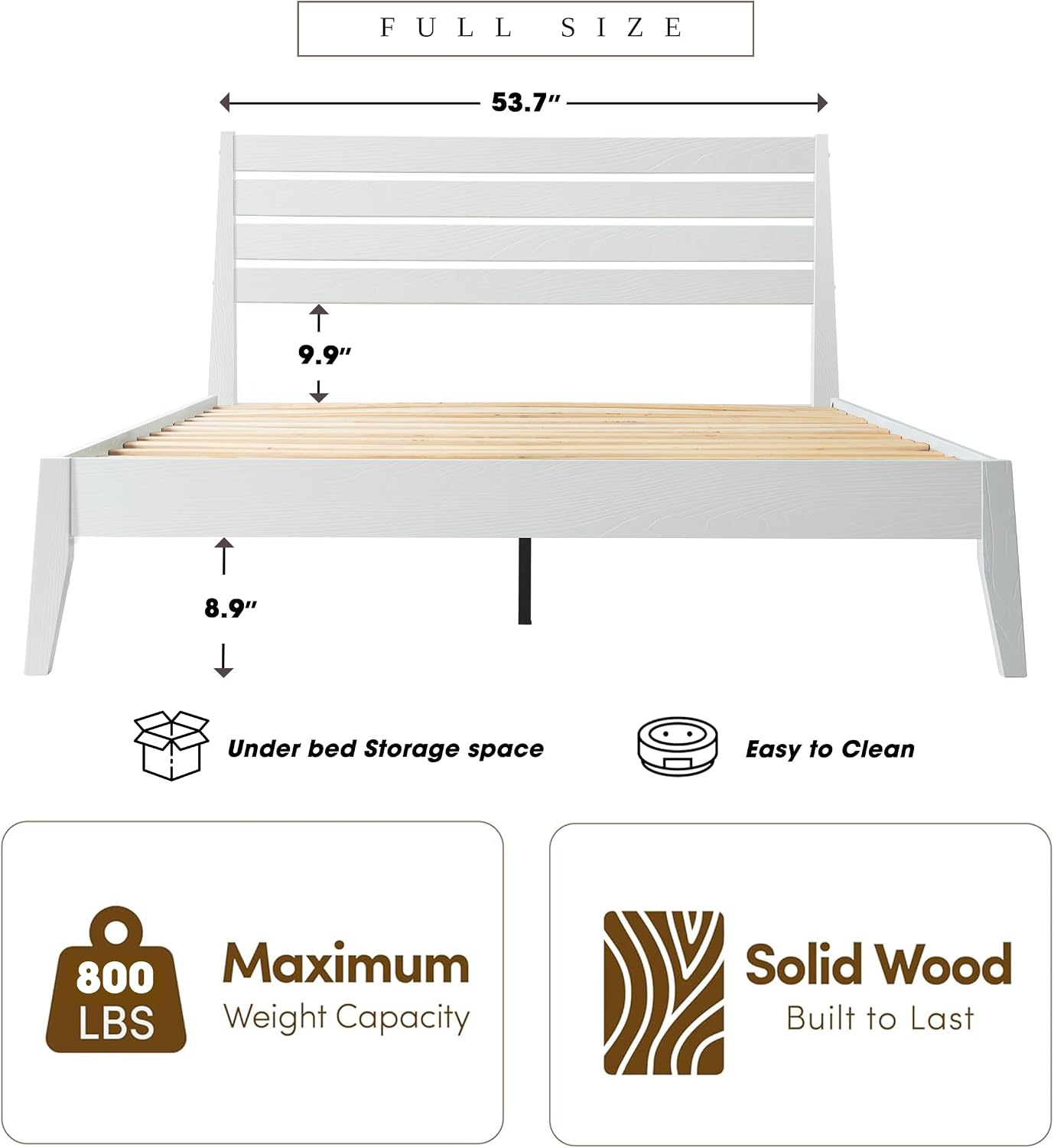Full Size Solid Wood Platform Bed Frame with Headboard and Footboard, 12 Sturdy Slats, Center Metal Legs, Easy Assembly, No Box Spring Needed, Anti-Noise & Slip-Free Design, Pure White Finish. RKF-39