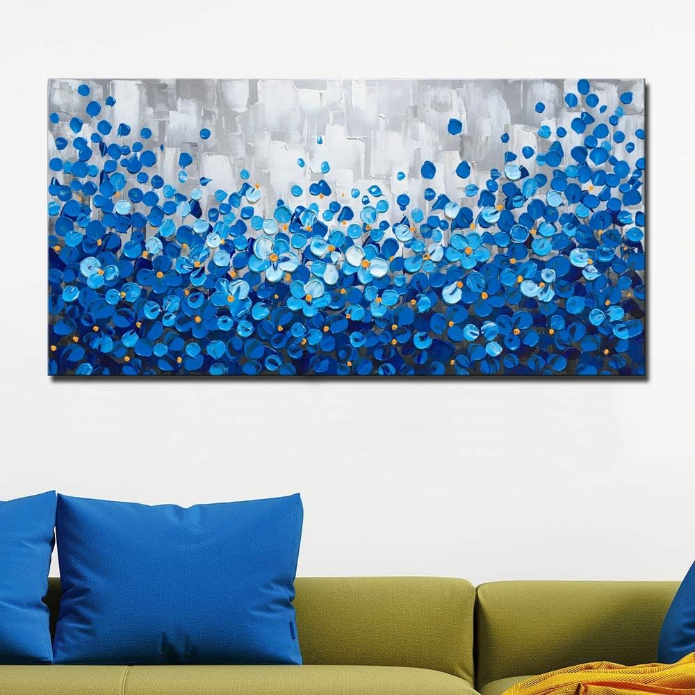 MyArton Large Textured Blue Flowers Canvas Wall Art Hand Painted Modern Decoration Oil Painting Picture Framed Ready to Hang 60x30inch