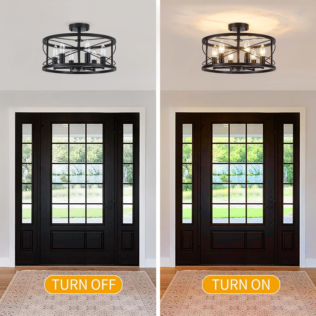 6-Light Black Semi Flush Mount Ceiling Light, 16.53'' Modern Farmhouse Close to Ceiling Light Fixtures, Ceiling Lamp for Hallway Entryway Foyer Dining Room Living Room Bedroom Kitchen Light Fixtures