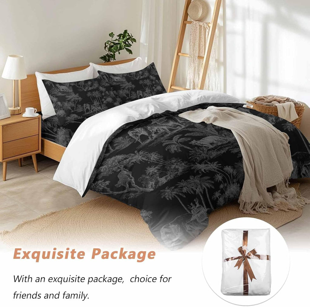 Prime Leader Forest Animal Duvet Cover Set Queen Size 4 Pieces Vintage Forest Elephant Leopard Black Bedding Set with Zipper Closure, 1 Comforter Cover 86x86 Inches 1 Flat Sheet & 2 Pillow Cases