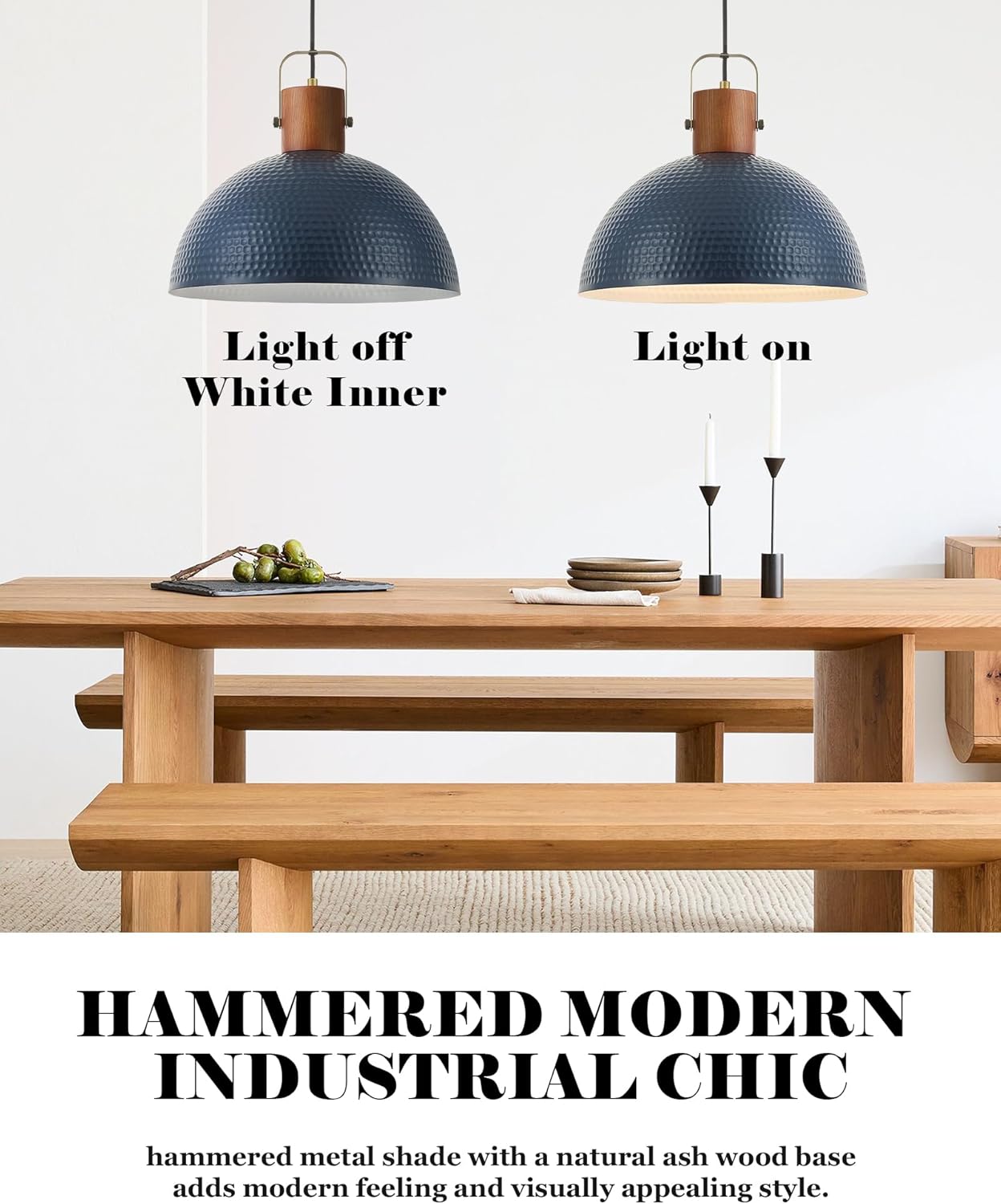 ELYONA 2 Pack Large Ash Wood Pendant Light Fixtures 16 Inch Hammered Metal Dome Hanging Lamp with Brass Handle Chandeliers for Farmhouse Kitchen Island Dining Room Sink Bedroom Hallway, Modern Blue