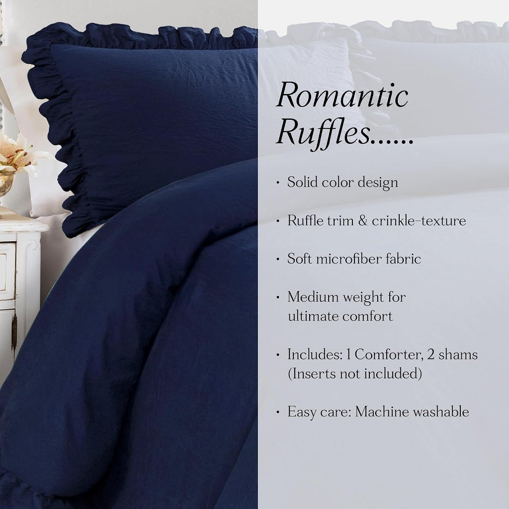 Lush Decor Reyna Ruffle Comforter Set, King, Navy, 3 Piece Cozy Bedding Set