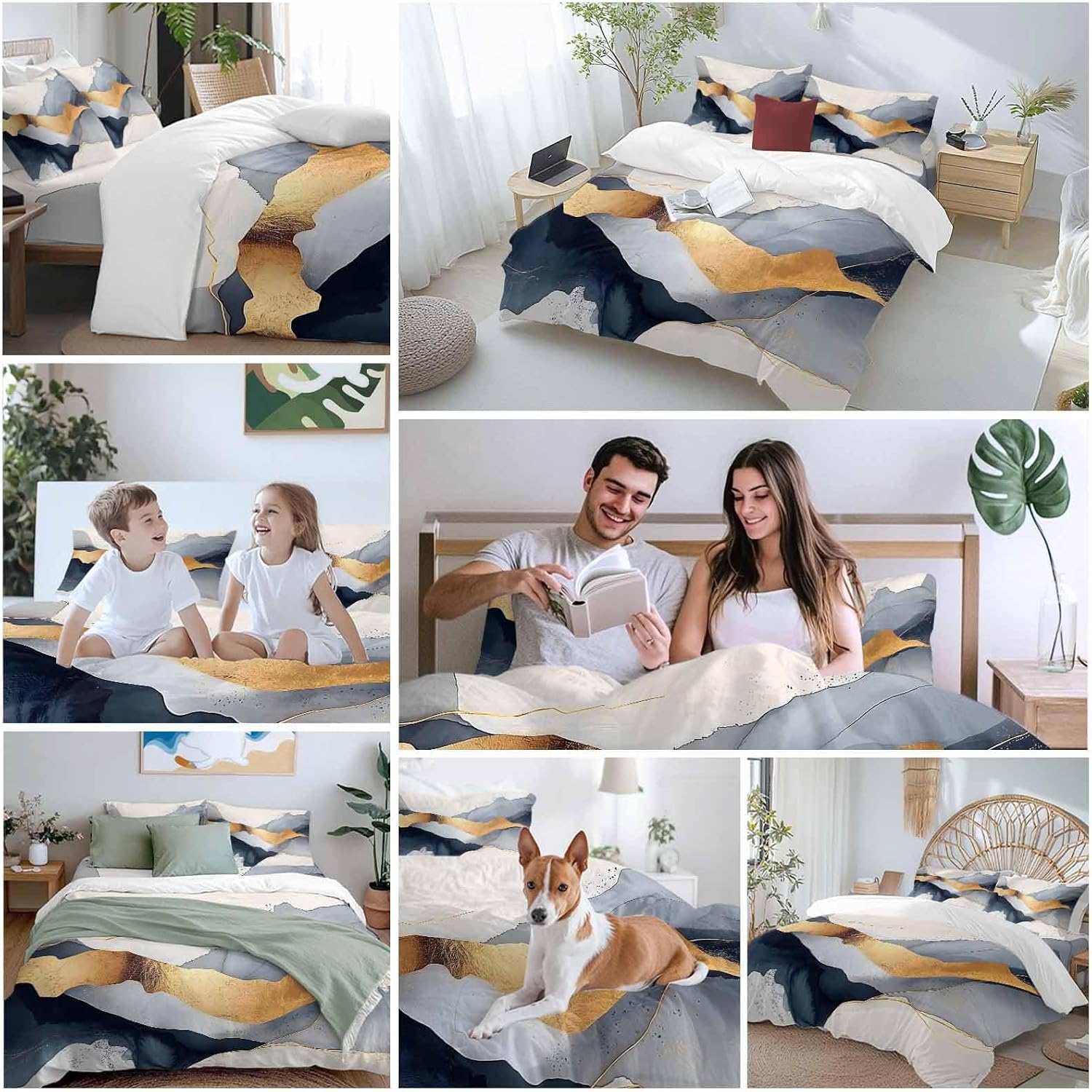 Prime Leader Abstract Duvet Cover Set Queen Size 4 Pieces Modern Gold Blue Grey Geometric Minimalist Bedding Set with Zipper Closure, 1 Comforter Cover 86x86 Inches 1 Flat Sheet & 2 Pillow Cases