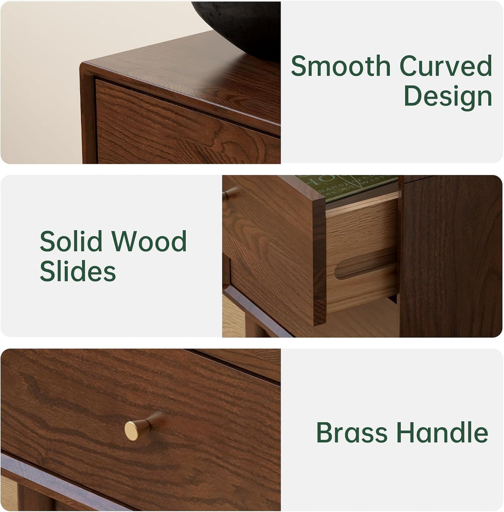 Solid Oak Wood Nightstand with 2 Drawers, Walnut Bedside Tables, Mid Century Modern Nightstand, Small Night Stand for Small Spaces for Bedroom(19.69' H)