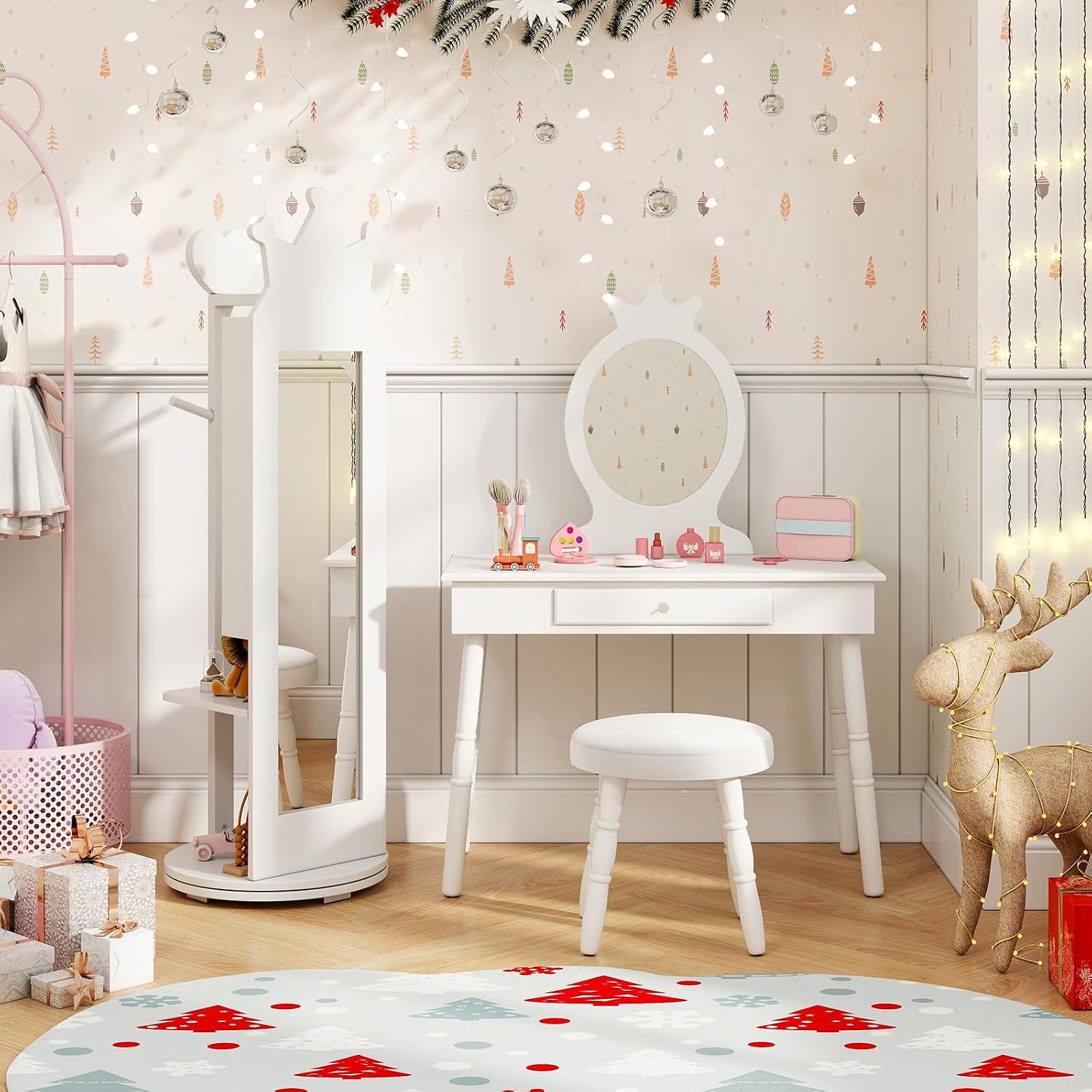 GLACER Kids Vanity with Stool, Rotatable Kids Jewelry Armoire, Kids Vanity Table and Chair Set w/Coat Rack, Storage Shelves, Full-Length Mirror, Solid Wood Legs, Kids Bedroom Furniture (White)