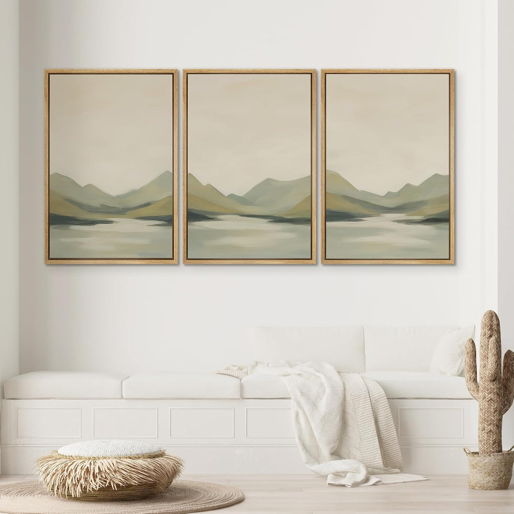 SIGNWIN Framed Canvas Print Wall Art Set Calm Mountain Lake Landscape Minimalist Neutral Illustrations Modern Colorful Ultra for Living Room, Bedroom, Office - 24'x36'x3 Natural