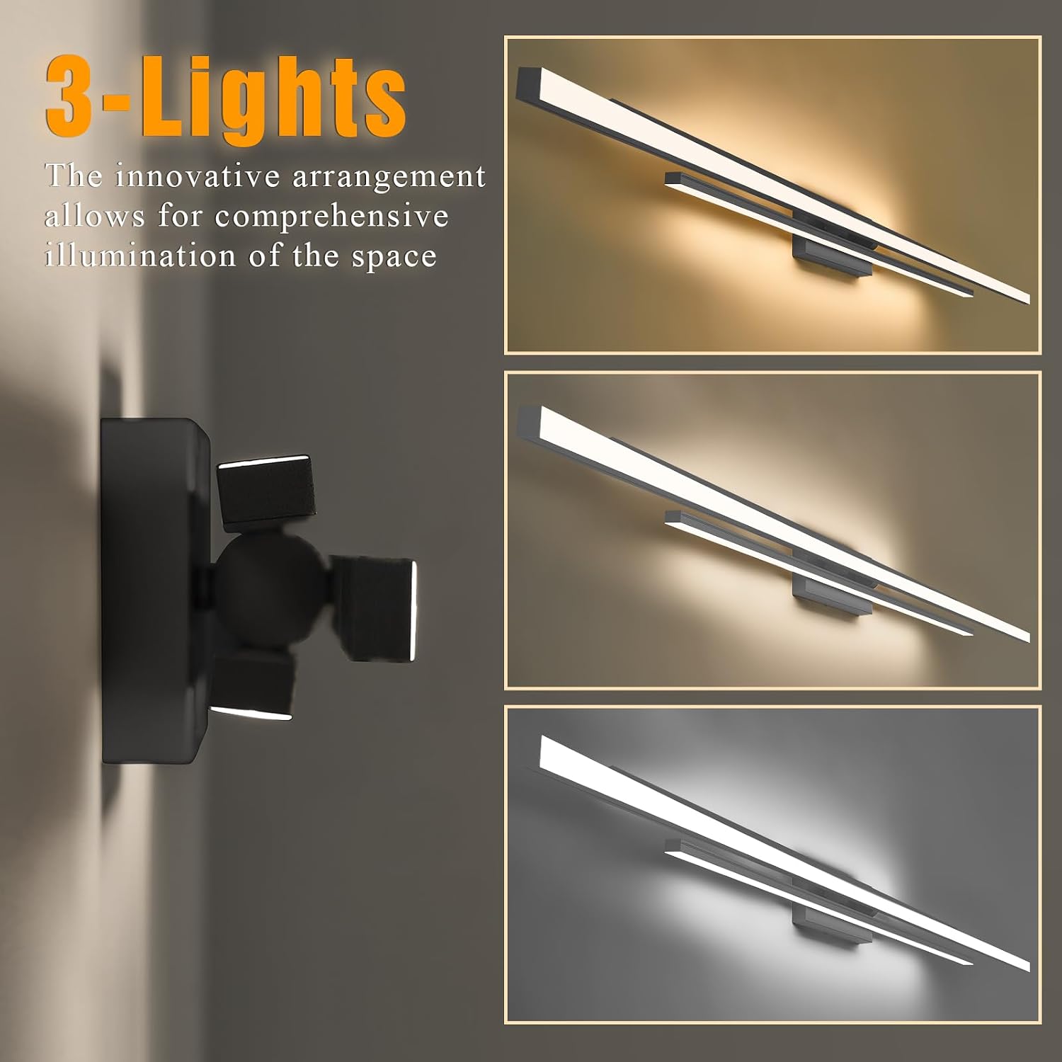 VitaLink 55' Long Black Vanity Light Bathroom Wall Light Fixtures Long Vanity Lights Over Mirror Lighting Lamps Dimmable Bathroom Wall Mount Lighting Over Vanity Mirror