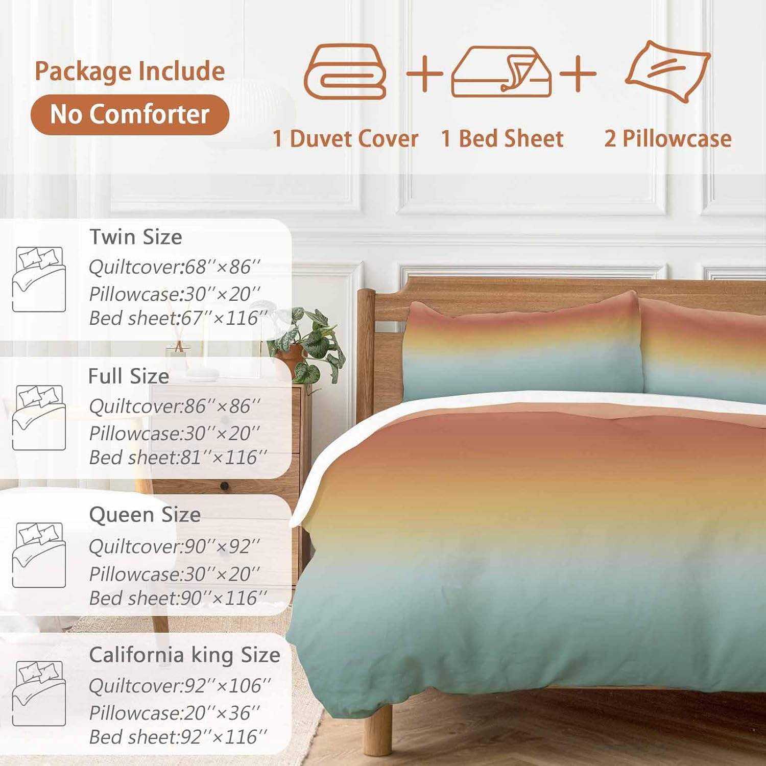 Bohemian Gradient Green Duvet Cover Set Queen Size 4 Pieces Modern Minimalist Orange Yellow Ocean Beach Bedding Set with Zipper Closure, 1 Comforter Cover 92x106 Inches 1 Flat Sheet & 2 Pillow Cases