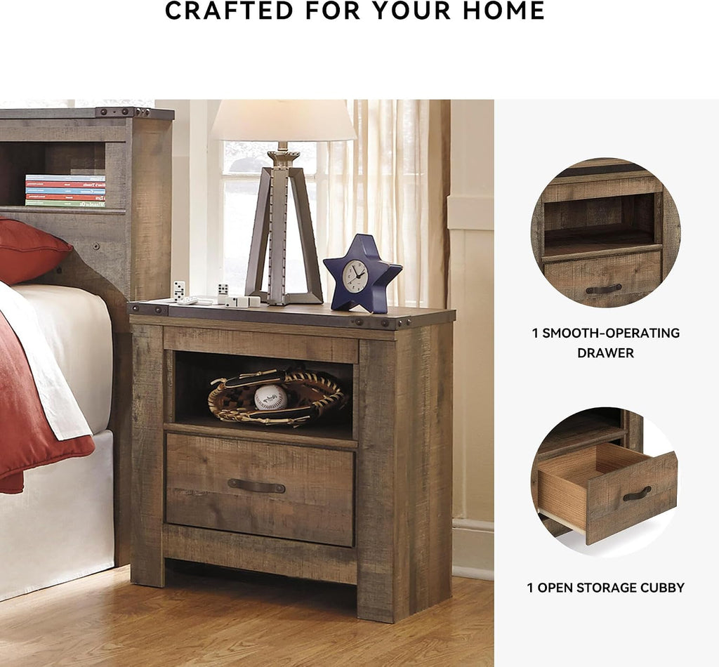Signature Design by Ashley Trinell Rustic 1 Drawer Nightstand, USB Charing, Storage Cubby, Nailhead Accents, Wood, 24.72' W x 16.18' D x 26.22' H, Warm Brown