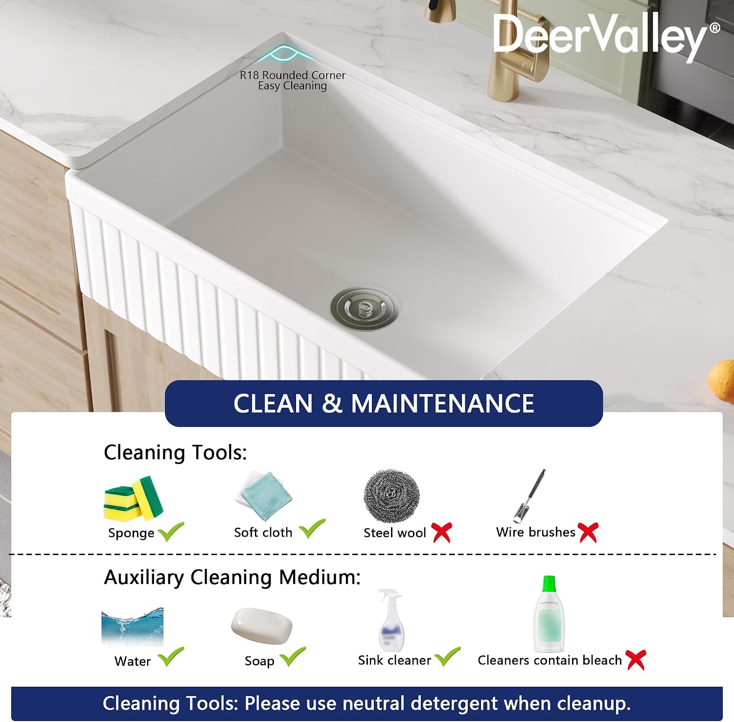 DeerValley 33' L x 20' W Farmhouse Workstation Kitchen Sink, Reversible Fireclay Deep Single Bowl Apron Front Kitchen Sink, White Undermount Farm Sink with Ledge and Accessories