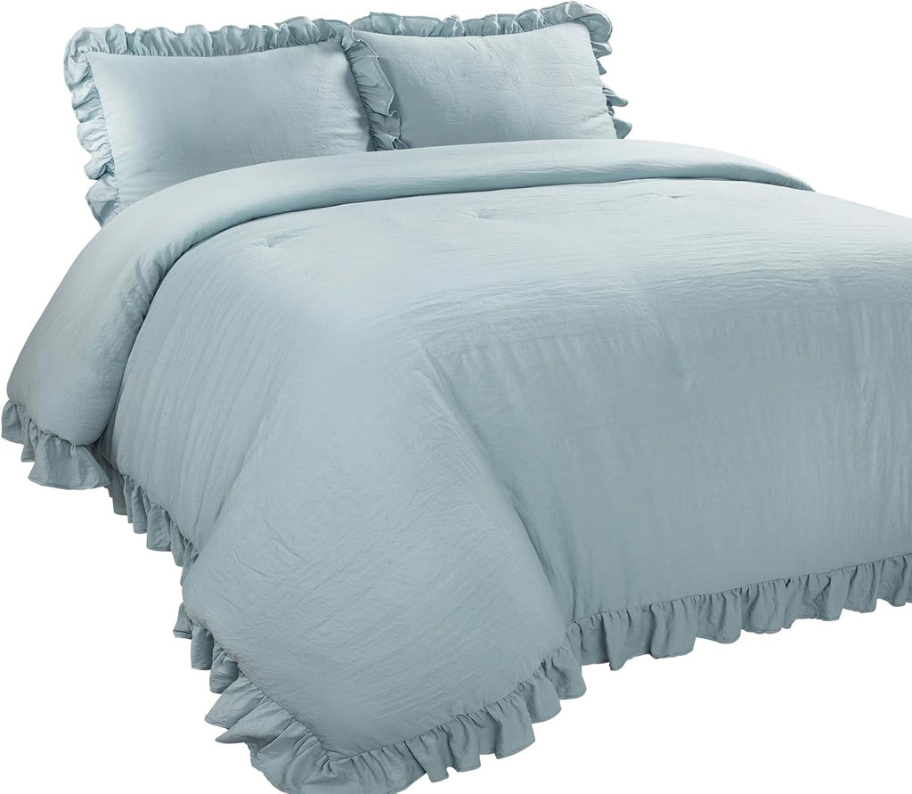 Lush Decor Reyna Ruffle Comforter Set, Full/Queen, Lake Blue, 3 Piece Cozy Bedding Set