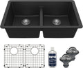 Karran QU-810 32' Undermount Double Bowl Quartz Kitchen Sink Kit, Black Composite, Equal Bowls, Scratch Resistant, Heat Safe, Noise Reducing, Includes Grids & Strainers
