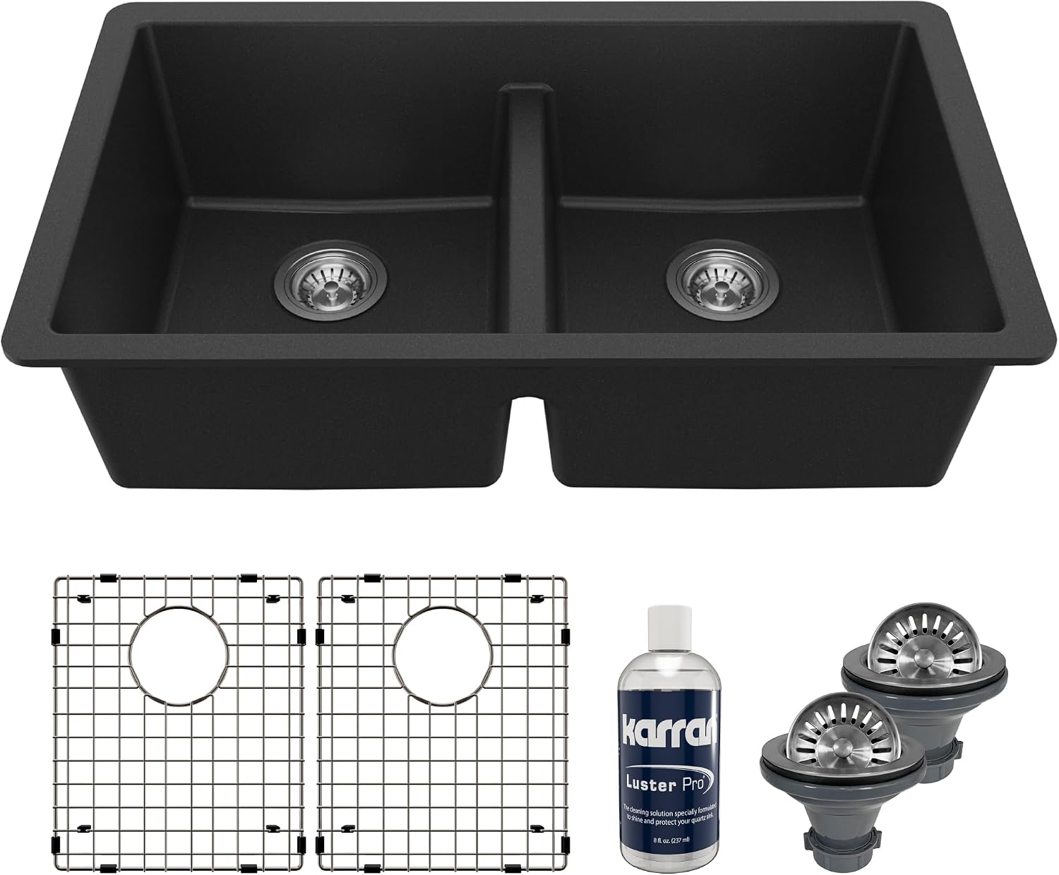 Karran QU-810 32' Undermount Double Bowl Quartz Kitchen Sink Kit, Black Composite, Equal Bowls, Scratch Resistant, Heat Safe, Noise Reducing, Includes Grids & Strainers