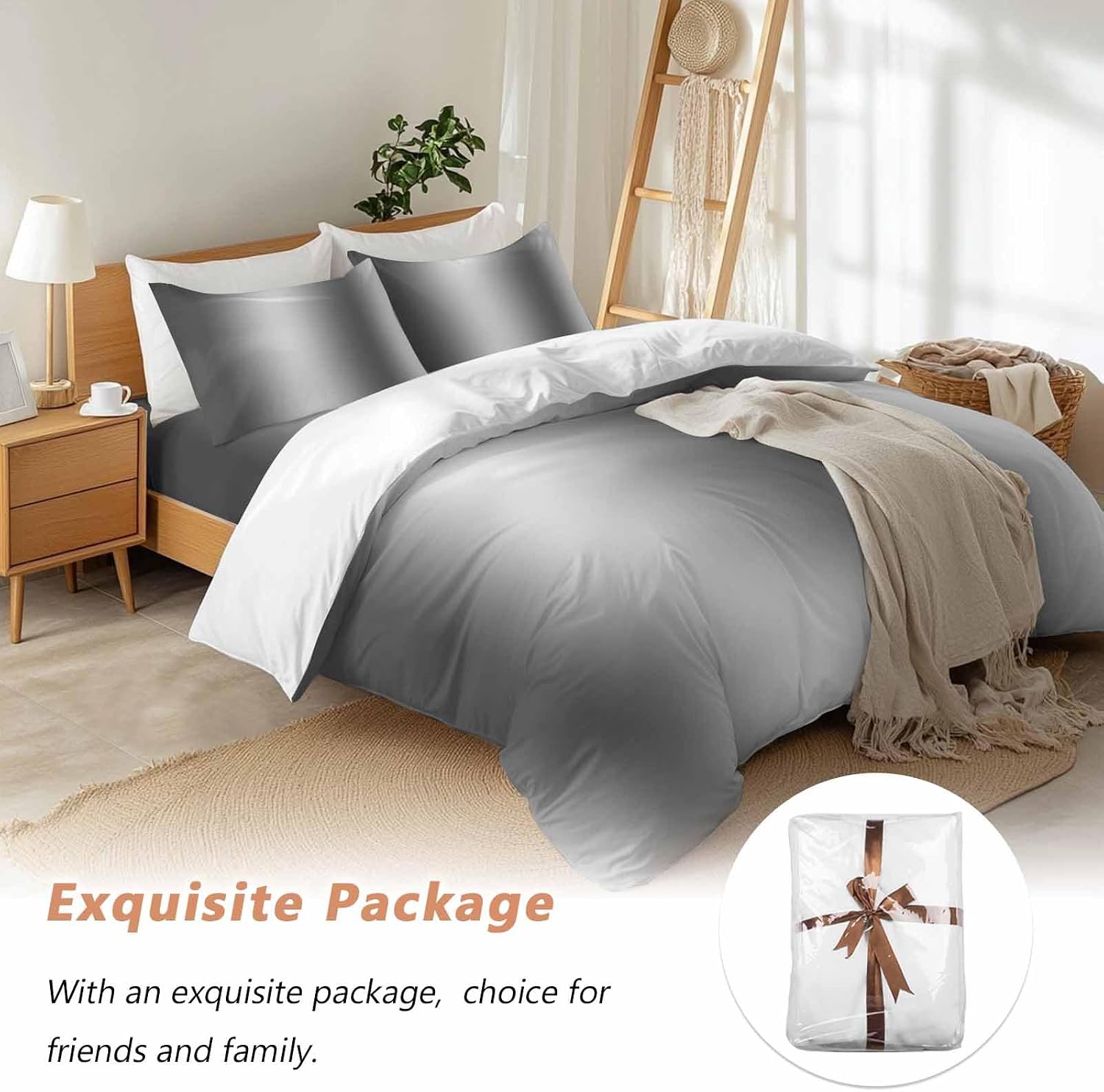 Gradient Gray Black Duvet Cover Set Queen Size 4 Pieces Modern Abstract Minimalist Grey Ocean Beach Bedding Set with Zipper Closure, 1 Comforter Cover 86x86 Inches 1 Flat Sheet & 2 Pillow Cases
