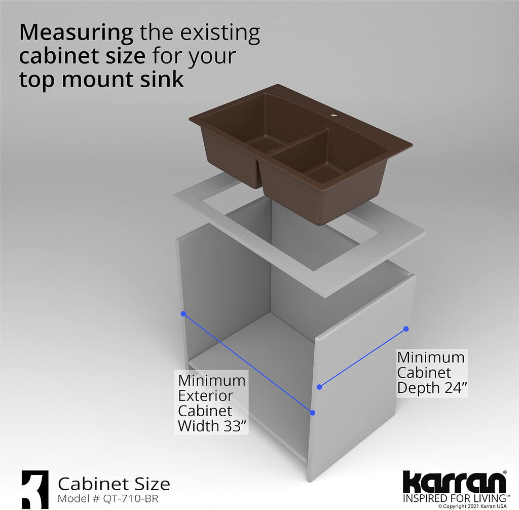Karran QT-710 33 Inch Top Mount Double Bowl Kitchen Sink, 50/50 Low Divide Quartz Composite Drop-In Sink, Rear Drain, Heat and Scratch Resistant, Brown
