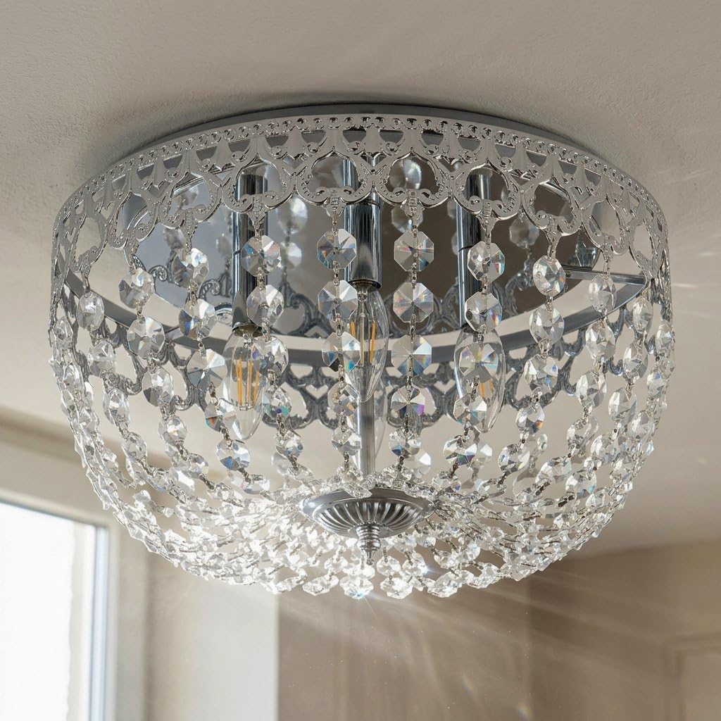 Maxax 15' Crystal Chrome Ceiling Light, 4-Lights Vintage Farmhouse Flush Mount Chandelier, Antique French Empire Ceiling Lamp, Dining Room Entrance Hallway Bedroom Kitchen Bathroom, E12 Bulbs