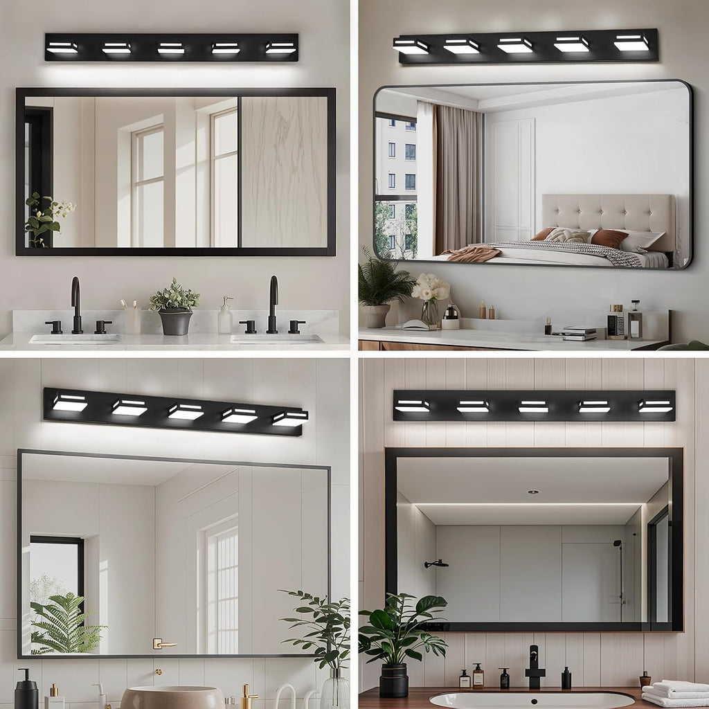 LED Modern Bathroom Light Fixtures, 5-Light 40-Inch Matte Black Vanity Lights for Bathroom Lighting Fixtures Over Mirror, 6000K Cool White 350° Rotatable Wall Lamp