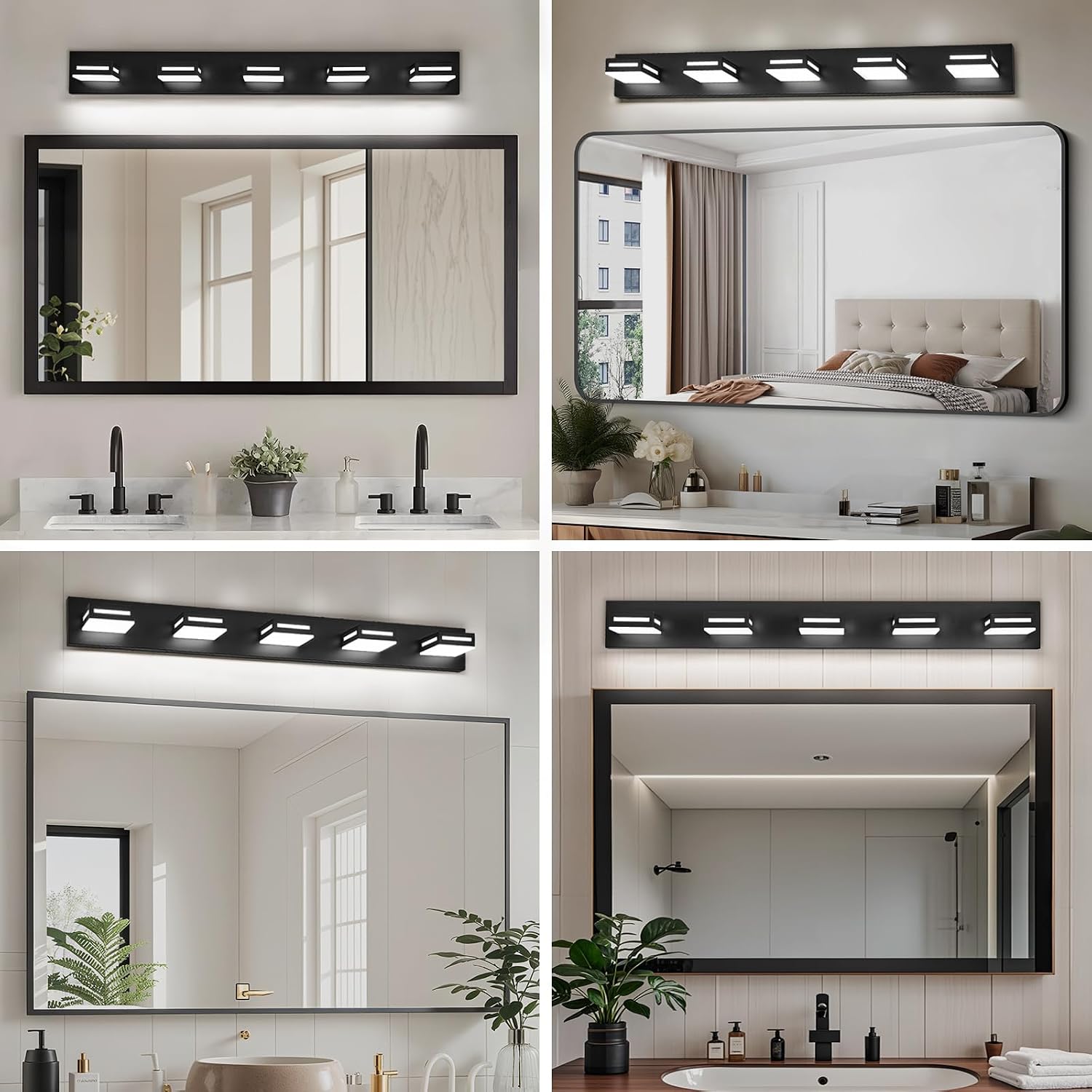 LED Modern Bathroom Light Fixtures, 5-Light 40-Inch Matte Black Vanity Lights for Bathroom Lighting Fixtures Over Mirror, 6000K Cool White 350° Rotatable Wall Lamp