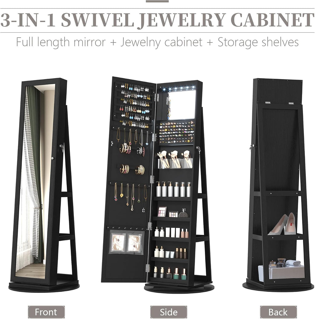 LVSOMT LED Mirror Jewelry Cabinet Standing, 360° Swivel Jewelry Organizers and Storage, Farmhouse Mirror with Jewelry Storage, Lighted Jewelry Armoire with Full Length Mirror (Coal Black)