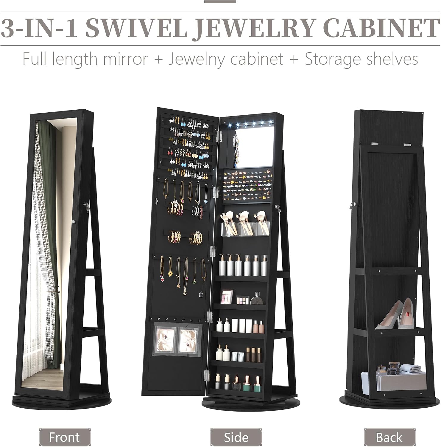 LVSOMT LED Mirror Jewelry Cabinet Standing, 360° Swivel Jewelry Organizers and Storage, Farmhouse Mirror with Jewelry Storage, Lighted Jewelry Armoire with Full Length Mirror (Coal Black)