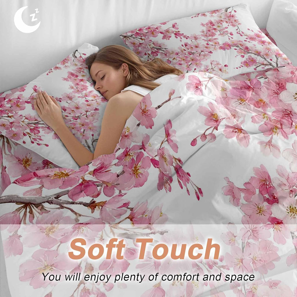 Spring Cherry Blossoms Duvet Cover Set Queen Size 4 Pieces Pink Flowers Branch Watercolor Plant Bedding Set with Zipper Closure, 1 Comforter Cover 86x86 Inches 1 Flat Sheet & 2 Pillow Cases