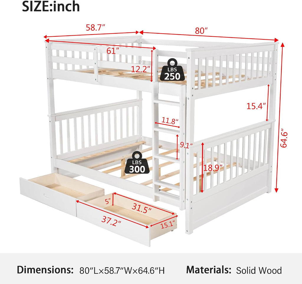 Merax Wood Bunk Bed with Drawers,Convertible Bunk Bed with Ladders and Two Storage Drawers,Solid Wood Detachable Bed Frame with Ladders,Full Over Full,White