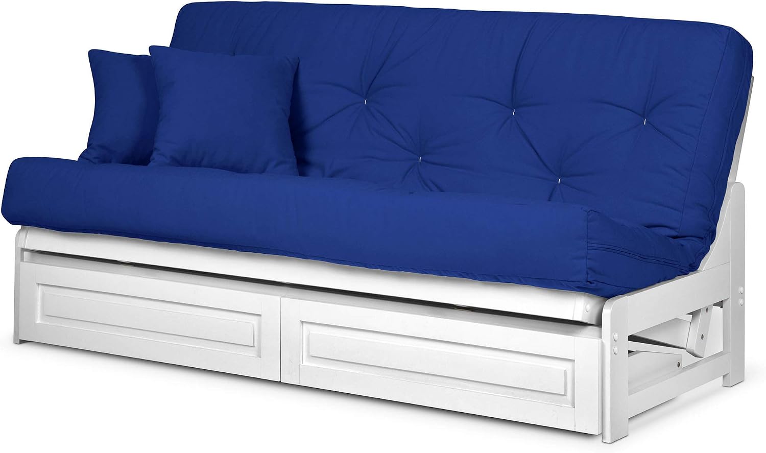 Nirvana Futons Arden White Futon with Storage Drawers Full or Queen Size - Space Saving Armless Design with Comfortable Mattress Included (Twill Royal Blue), Sofa Bed Available in