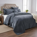 Tache Velvet Dreams Luxurious Velveteen Velour Super Soft Plush Warm Cozy Elegant Ripple Waves Stitch Quilted Coverlet Steel Navy Blue Bedspread Set, Full