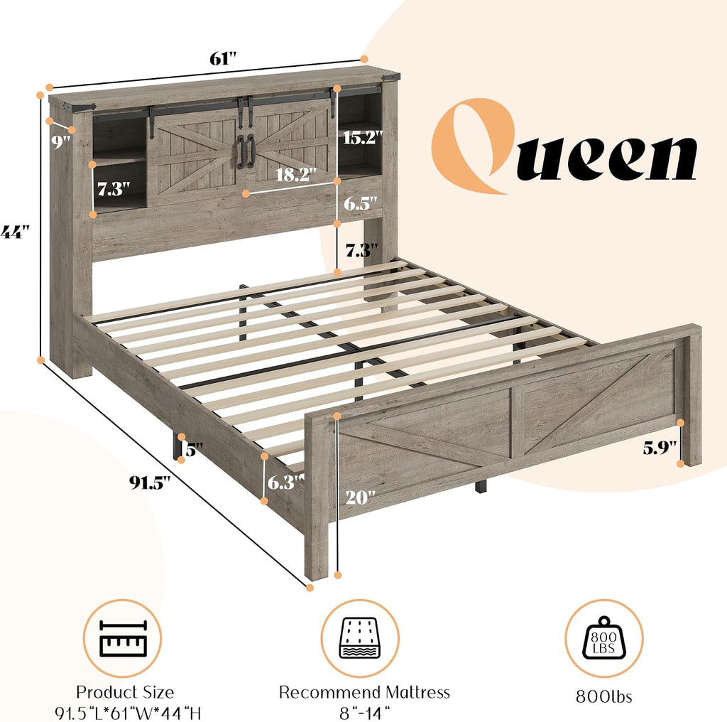 AMERLIFE Farmhouse Queen Bed Frame with Storage Headboard & Charging Station, Rustic Wood Platform Bed with Barn Door Bookcase, No Box Spring Needed, Light Grey Bedroom Furniture