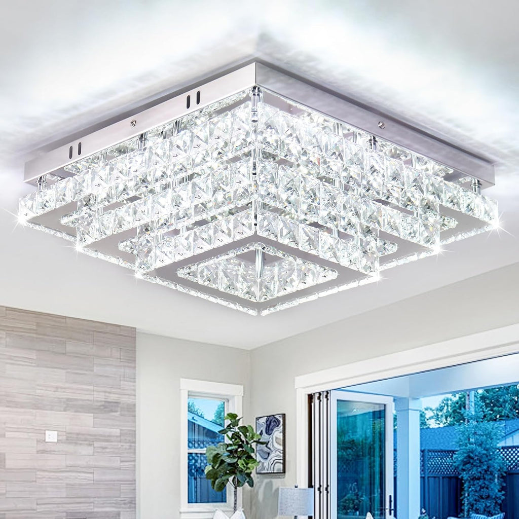 Finktonglan Square Crystal Ceiling Light Fixture, 15' Modern Flush Mount Chandelier, 3-Tier LED Ceiling Light for Living Room Dining Room Bedroom Hallway, 6500K Cool White