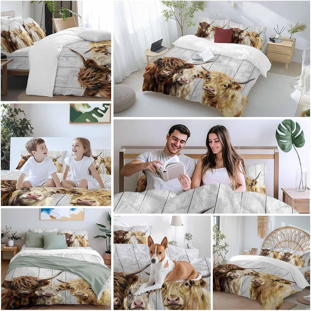 Farm Highland Cattles Duvet Cover Set Queen Size 4 Pieces Farmhouse Brown Cow Country Gray Wood Grain Bedding Set with Zipper Closure, 1 Comforter Cover 92x106 Inches 1 Flat Sheet & 2 Pillow Cases