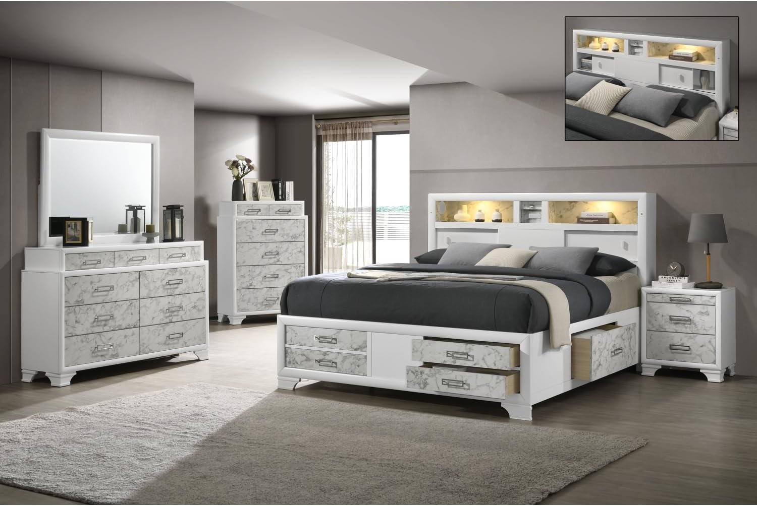 Soul Modern Style Full 5PC Bedroom Set - White Wood - Built-in Lighting & USB-C Ports - Elegant Finish