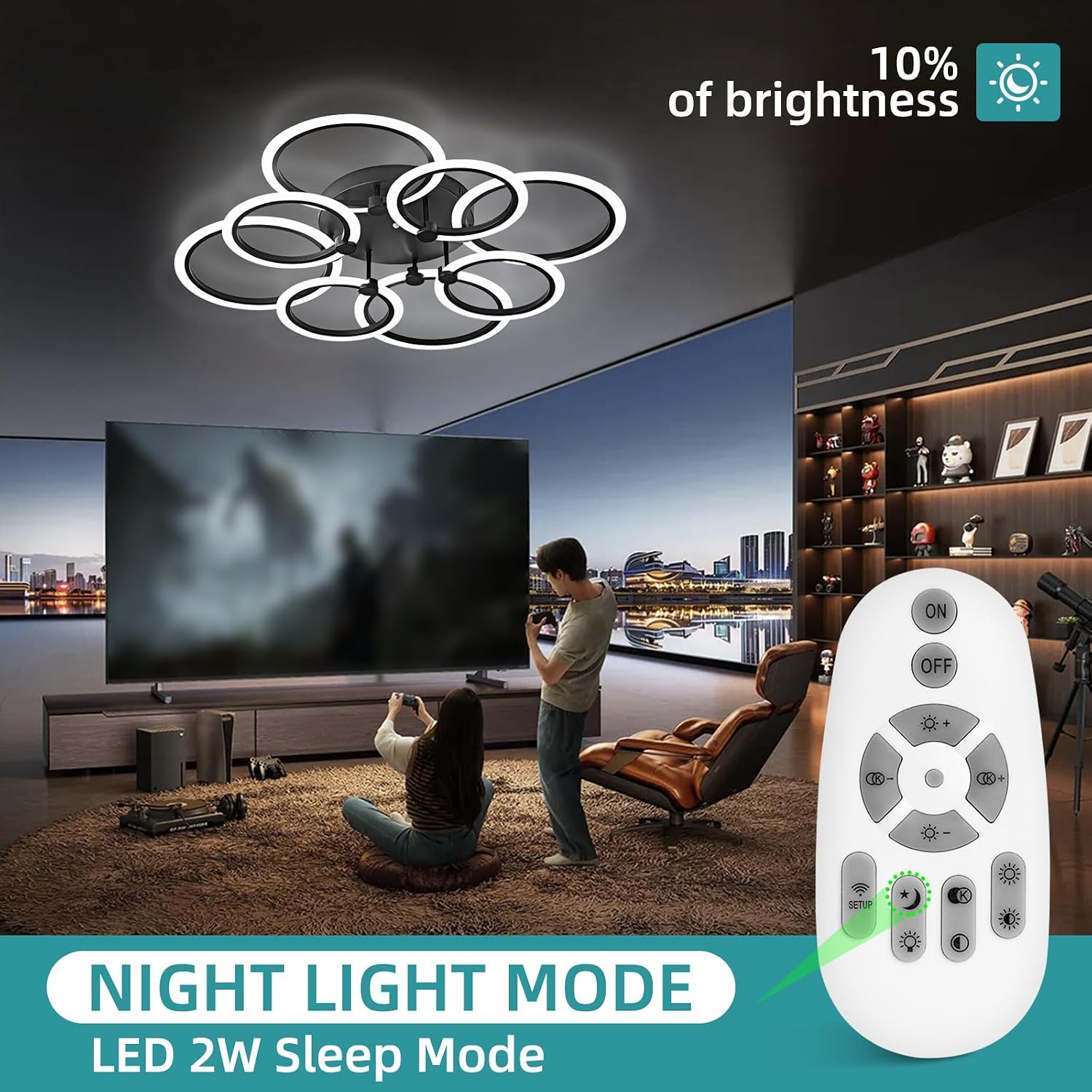 LED Ceiling Light, 8-Ring Modern Flush Mount Fixture, 145W Dimmable 3000K–6500K, Black Ceiling Light with Remote for Living Room Bedroom Kitchen (35.4')