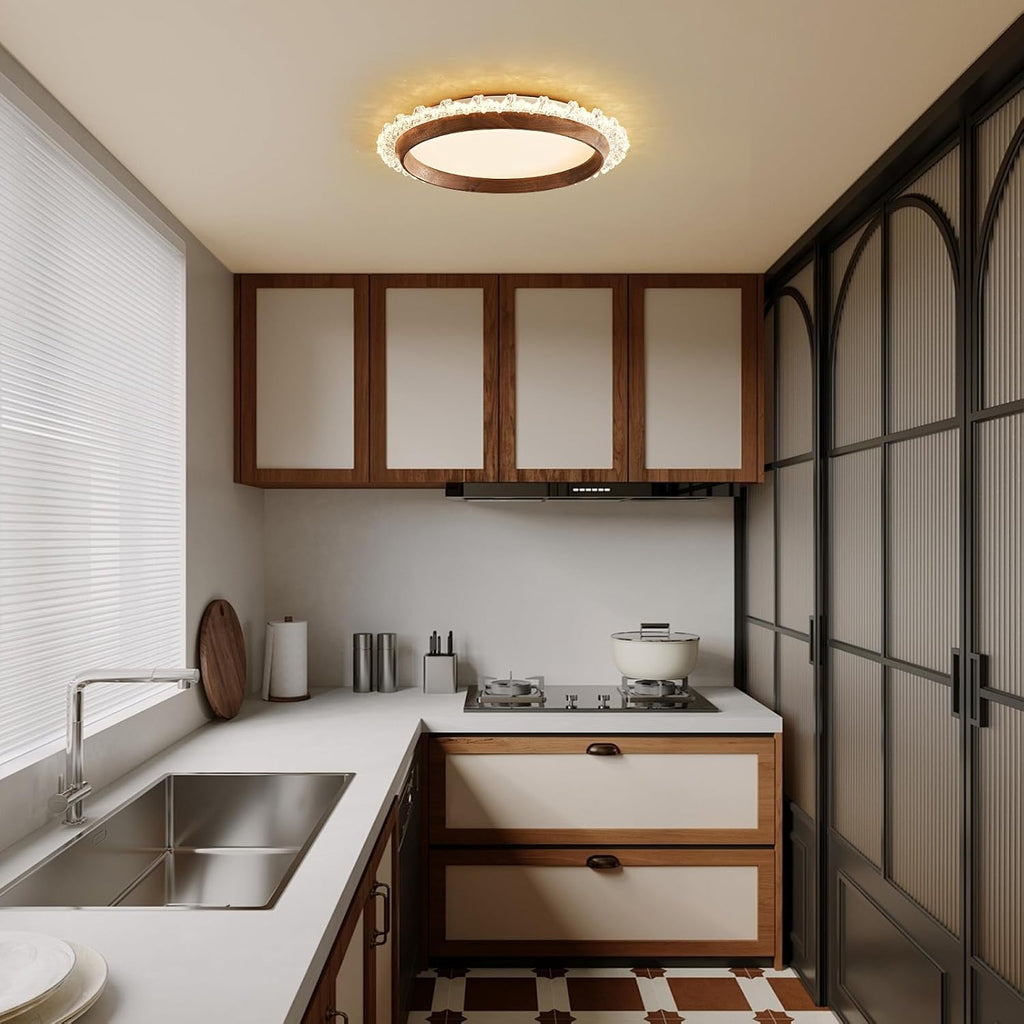 Modern LED Ceiling Light,Dimmable Wood Flush Mount Ceiling Light Fixture,3000K-6000K Round Remote Control Walnut Wood Ceiling Lamp Fixture for Bedroom,entrway,Laundry Room,Kitchen,Hallway,Living Room