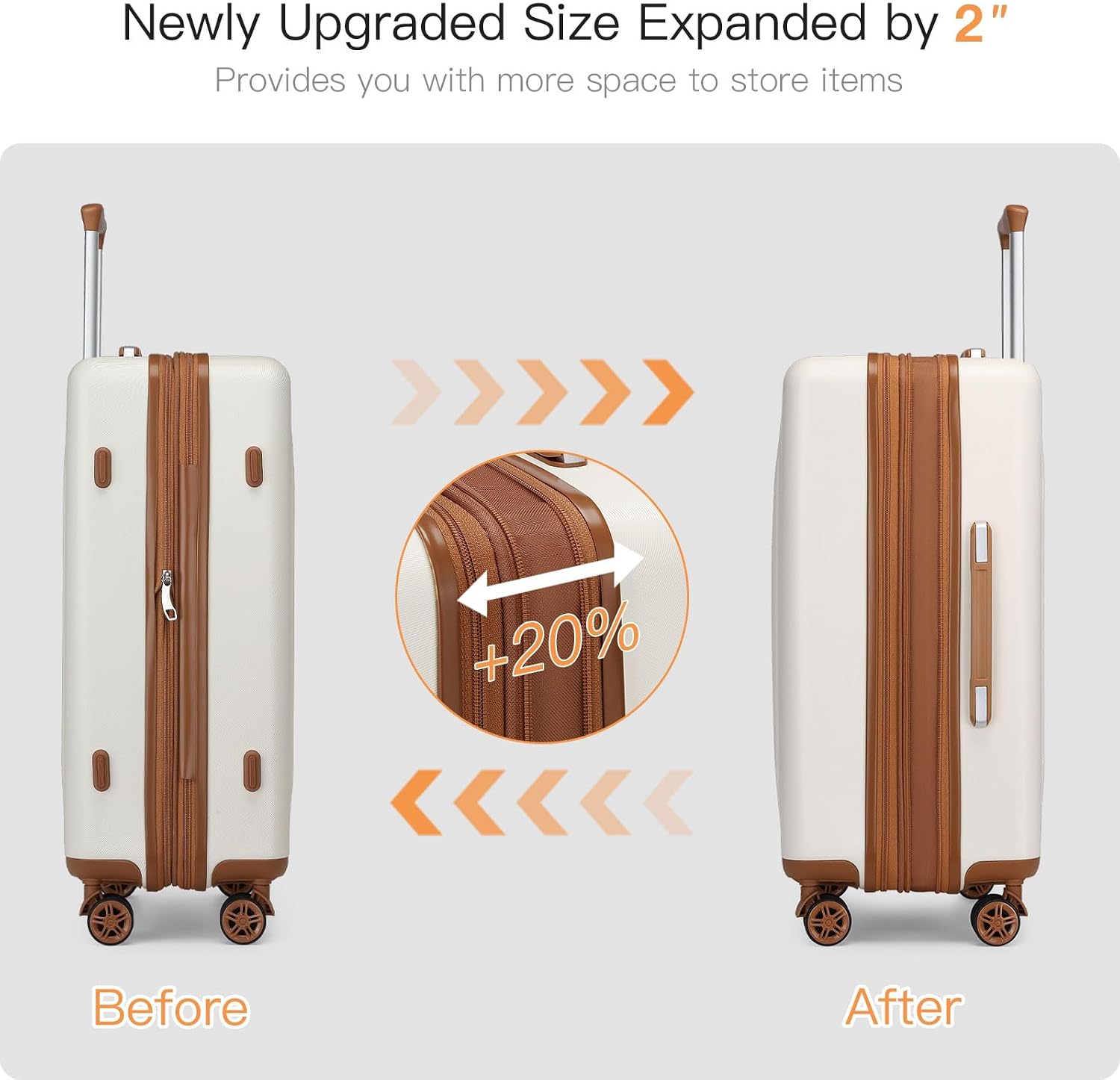 Kono Expandable Luggage 3 Piece Set Hardshell Lightweight 20in 24in 28in Carry On Suitcase with Spinner Wheels TSA Lock (Cream White & Brown)