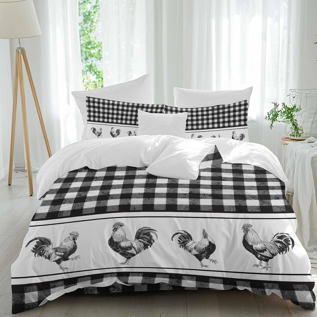 Prime Leader Vintage Black Plaid Duvet Cover Set Queen Size 4 Pieces Farm Cock Chicken Animal Watercolor Bedding Set with Zipper Closure, 1 Comforter Cover 92x106 Inches 1 Flat Sheet & 2 Pillow Cases