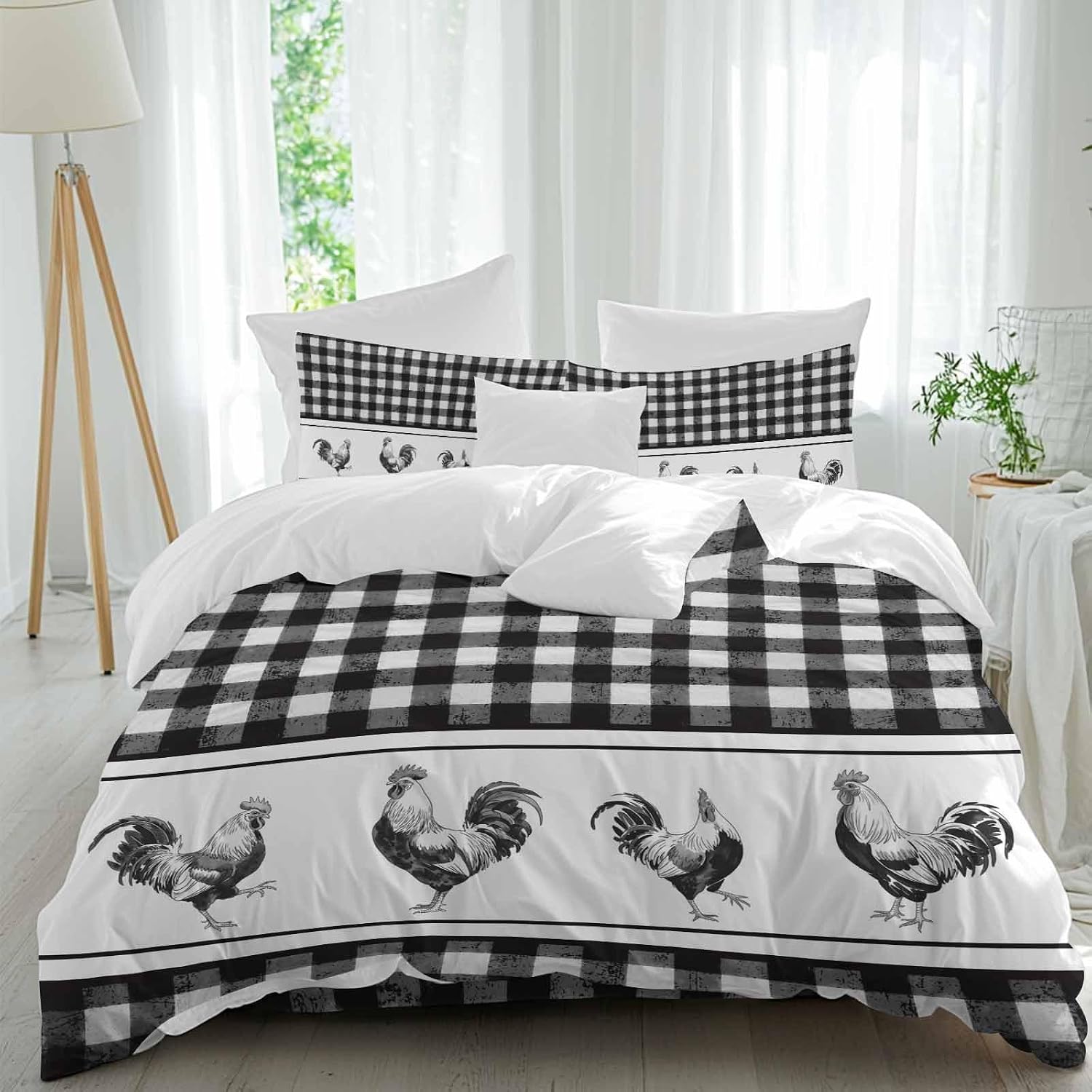 Prime Leader Vintage Black Plaid Duvet Cover Set Queen Size 4 Pieces Farm Cock Chicken Animal Watercolor Bedding Set with Zipper Closure, 1 Comforter Cover 92x106 Inches 1 Flat Sheet & 2 Pillow Cases