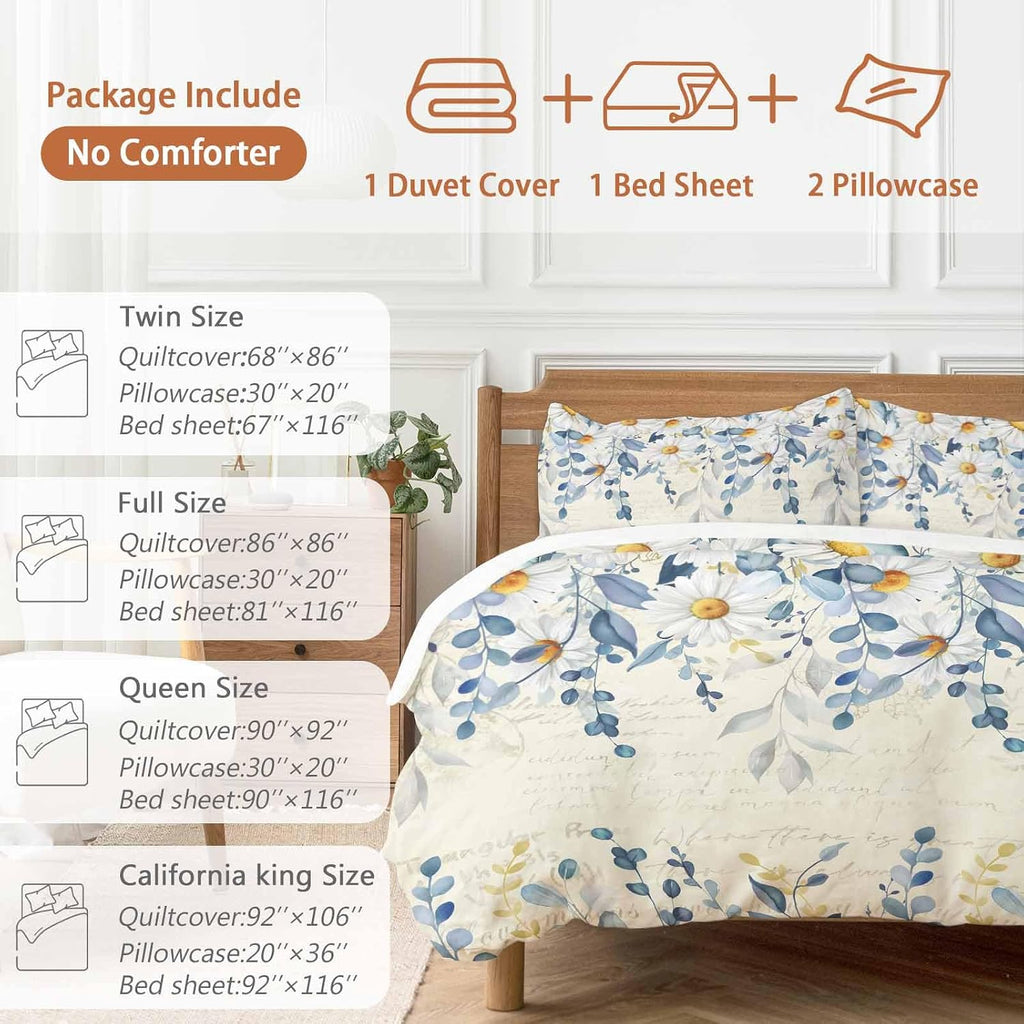 Spring Eucalyptus Leaves Duvet Cover Set Queen Size 4 Pieces Country Vintage Blue Leaf White Daisy Bedding Set with Zipper Closure, 1 Comforter Cover 92x106 Inches 1 Flat Sheet & 2 Pillow Cases