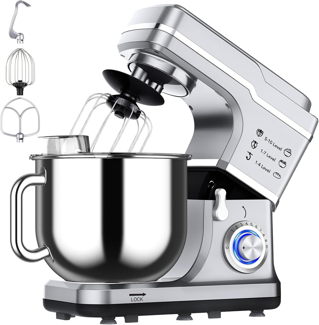 7.5 QT Stand Mixer, 10-Speed Tilt-Head Electric Dough Mixer with Stainless Steel Bowl, Includes Dough Hook, Wire Whisk, and Beater, with Splash Guard for Home Cooks, Silver