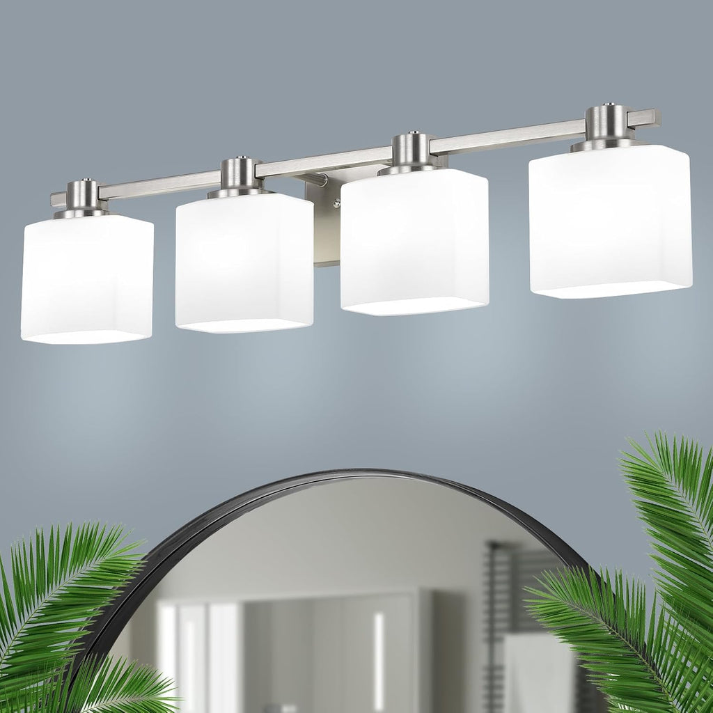 32 Inch Brushed Nickel Vanity Light for Bathroom 4 Light Bathroom Light Fixtures Over Mirror Milk Glass Makeup Shower Lamp Farmhouse Wall Sconce Modern Desk Vintage Rustic Bath Sink Lighting